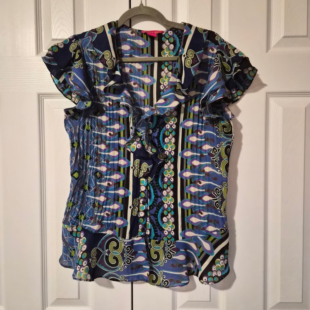 Sunny Leigh Womens Blue Green Psychedelic Paisley Ruffle Flutter Sleeve Blouse L